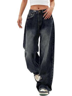 Women's Blue Denim Y2k Straight Leg Button Zipper High Waisted Baggy Jeans
